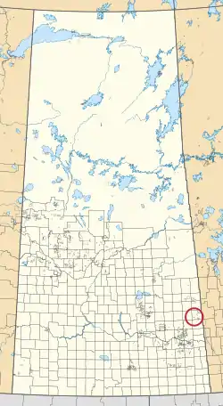 A map of the province of Saskatchewan showing 297 rural municipalities and hundreds of small Indian reserves. One is highlighted with a red circle.