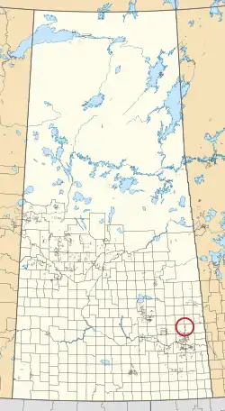 A map of the province of Saskatchewan showing 297 rural municipalities and hundreds of small Indian reserves. One is highlighted with a red circle.