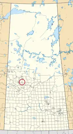 A map of the province of Saskatchewan showing 297 rural municipalities and hundreds of small Indian reserves. One is highlighted with a red circle.