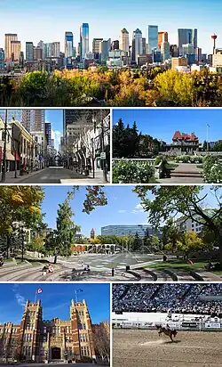 From top, left to right: Downtown Calgary, Lougheed House, Olympic Plaza, SAIT Heritage Hall, Calgary Stampede Rodeo