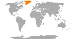 Map indicating locations of Cambodia and Denmark