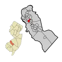 Barrington highlighted in Camden County. Inset: Location of Camden County highlighted in the State of New Jersey.