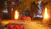 Staff performing a skit at a campfire