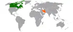 Map indicating locations of Canada and Iran