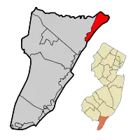 Ocean City highlighted in Cape May County. Inset map: Cape May County highlighted in New Jersey.