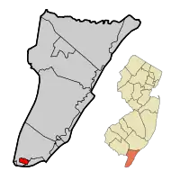 West Cape May Borough highlighted in Cape May County. Inset map: Cape May County highlighted in the State of New Jersey.