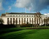 Art Deco building with lawns in foreground