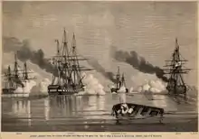 Four ships, cloaked in the smoke from their guns firing, battle each other. A small boat, half submerged, sinks in the foreground.