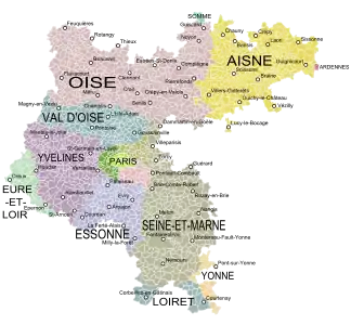 The modern départements covered by the historical Île-de-France
