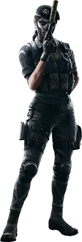 Artwork of the article subject, a specialised police unit member wearing light, dark clothing. She holds a suppressed pistol in a way to cover her face, which is painted to resemble a skull.