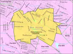 Census Bureau map showing location of Clementon within Camden County. Inset: Location of Camden County in New Jersey.