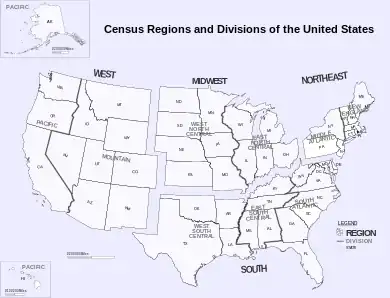 The U.S. Census Bureau Regions and Divisions, displaying an exclusive three-state definition of the Middle Atlantic.