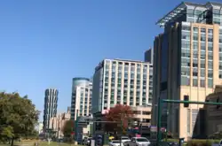 Skyline of the Central West end as seen from Forest Park.  The building on the far left is an apartment building and the buildings on the right are a part of the Barnes-Jewish Hospital complex.