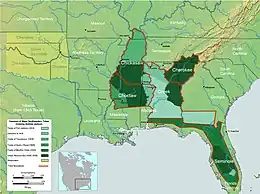 Map of the southern United States showing in dark green areas ceded by Indians.Clark & Guice 1996, pp.&nbsp;233–243; Mahon 1962, pp.&nbsp;350–354.