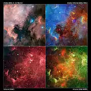 North America and Pelican nebulae viewed in optical (top left) and successively longer infrared wavelengths, which penetrate the dust cloud between them.
