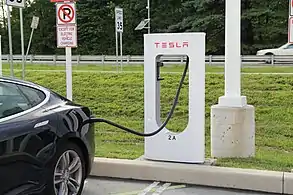Tesla Model S charging at the Supercharger network station in Newark, Delaware