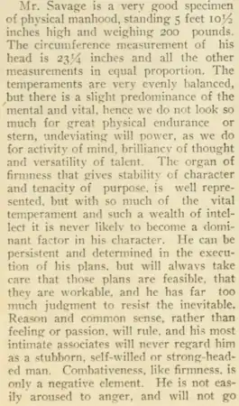 Phrenograph of Charles Roscoe Savage performed by Nephi Schofield in 1904.  Published in the phrenological journal, the Character Builder.