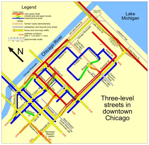 Image 29Map of the Multilevel streets in Chicago. Image credit: User:SPUI (from Portal:Illinois/Selected picture)