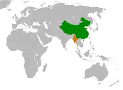 Map indicating locations of People's Republic of China and Myanmar