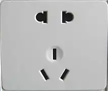 Chinese dual socket accepting both unearthed 2-pin (upper) and earthed 3-pin (lower) plugs