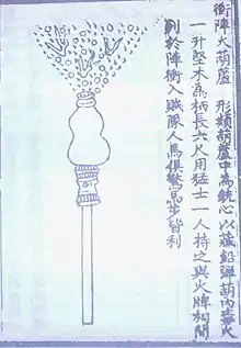 The phalanx-charging fire-gourd, one of many fire lance types discharging lead pellets in the gunpowder blast, an illustration from the Huolongjing.