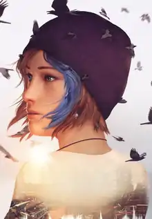 A woman with short brown hair that is partially dyed blue. Wearing a purple beanie and black necklace, her back is turned as she looks to the left; surrounding her face are various birds. A photo of a car junkyard is overlaid on her white shirt.