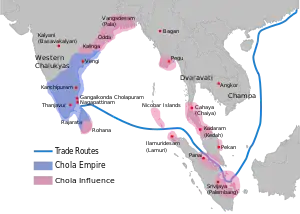 Map showing the greatest extent of the Chola empire c. 1030 under Rajendra Chola I: territories are shown in blue, subordinates and areas of influence are shown in pink.