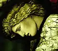 Detail of figure looking down from Crucifixion window by Edward Burne-Jones 1876 for William Morris. From St James Church, Brighouse, nr Bradford.