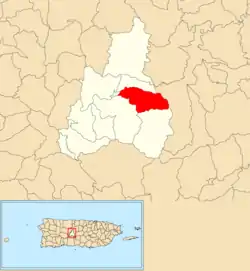 Location of Coabey within the municipality of Jayuya shown in red