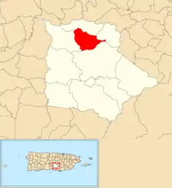 Location of Coamo Arriba within the municipality of Coamo shown in red