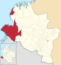 Location of the municipality (red) and city (dark gray) of Tumaco in the Nariño Department.