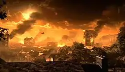 The image is of a supposed armaggedon-esque cityscape. Most of the building are on fire, and there are several UFOs flying across the sky.