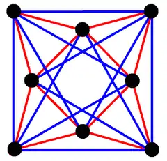 3{3}3,  or , with 8 vertices in black, and 8 3-edges colored in 2 sets of 3-edges in red and blue