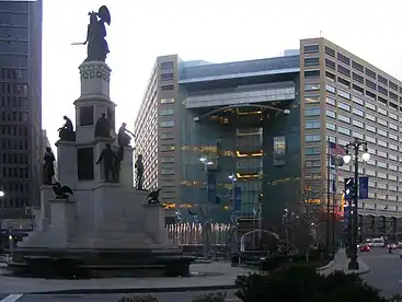 Michigan Soldiers' and Sailors' Monument (1872) by Randolph Rogers and Woodward Fountain on Campus Martius Park