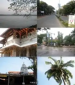 Clockwise from top: Kundapur River, Main Road, Shastri Circle, Coconut tree, Anegudde Sri Vinayaka temple, Kollur Mookambika temple.