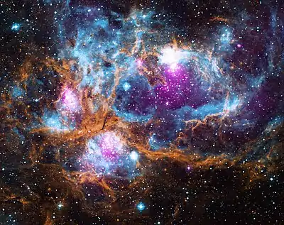 Image 20NGC&nbsp;6357Photograph credit: NASANGC&nbsp;6357 is a diffuse nebula in the constellation Scorpius. This composite image of the nebula contains X-ray data from the Chandra X-ray Observatory and the ROSAT telescope (purple), infrared data from the Spitzer Space Telescope (orange), and optical data from the SuperCosmos Sky Survey (blue). Radiation from hot, young stars is energizing the cooler gas in the clouds that surround them. Often known as the Lobster Nebula, the astronomical object has also been termed the Madokami Nebula by fans of the anime Madoka Magica due to its supposed resemblance to the main character. Scientists at the Midcourse Space Experiment prefer the name War and Peace Nebula, because the bright, western part resembles a dove, while the eastern part looks like a skull in infrared images.More selected pictures