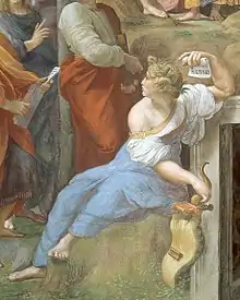 A woman seated on a rock, holding a lyre in one hand and a scroll with the word "Sappho" on in the other