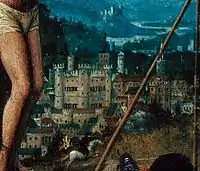 Landscape of Jerusalem seen beyond the cross.