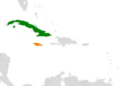 Map indicating locations of Cuba and Jamaica