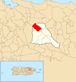 Location of Cuevas within the municipality of Trujillo Alto shown in red