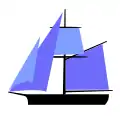 Naval cutter with a square topsail hoisted. It also has a gaff sail aft, and two headsails.