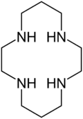 Cyclam is a tetraaza crown ether with alternating .mw-parser-output .template-chem2-su{display:inline-block;font-size:80%;line-height:1;vertical-align:-0.35em}.mw-parser-output .template-chem2-su>span{display:block;text-align:left}.mw-parser-output sub.template-chem2-sub{font-size:80%;vertical-align:-0.35em}.mw-parser-output sup.template-chem2-sup{font-size:80%;vertical-align:0.65em}(CH2)2 and .mw-parser-output .template-chem2-su{display:inline-block;font-size:80%;line-height:1;vertical-align:-0.35em}.mw-parser-output .template-chem2-su>span{display:block;text-align:left}.mw-parser-output sub.template-chem2-sub{font-size:80%;vertical-align:-0.35em}.mw-parser-output sup.template-chem2-sup{font-size:80%;vertical-align:0.65em}(CH2)3 linkers between amine centers.