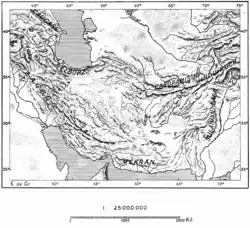 Topographic map of the Iranian plateau connecting to the Armenian Highlands and Anatolia in the west, and the Hindu Kush and the Himalayas in the east