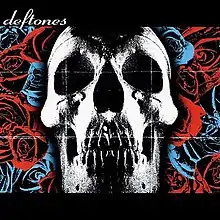 A skull with red and blue roses in the background.