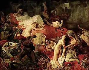 The Death of Sardanapalus; by Eugène Delacroix; 1827; oil on canvas; 3.92 × 4.96&nbsp;m; Louvre