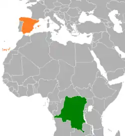 Map indicating locations of Democratic Republic of the Congo and Spain