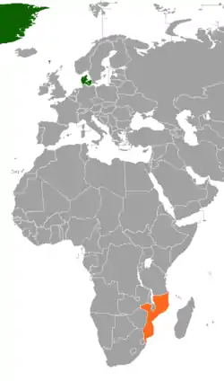 Map indicating locations of Denmark and Mozambique