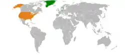 Map indicating locations of Denmark and USA