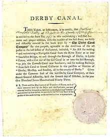 Founder's share of the Derby Canal Company, issued 7 October 1793, printed on vellum. The Derby Canal Act of 1793 authorised a railway connection between the Derby Canal at Little Eaton and the collieries to the north. The bill passed by Parliament printed on the stock certificate shows that the purpose of the company was also to build a railway. The Derby Canal share hereby documents the world's first railway construction financed by shares as early as the 18th century.
