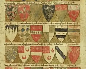 Three examples of coats of arms with crescents from the Dering Roll (c. 1270):  No. 118: Willem FitzLel (sable crusily and three crescents argent); no. 120: John Peche (gules, a crescent or, on a chief argent two mullets gules);  no. 128: Rauf de Stopeham (argent, two (of three) crescents and a canton gules).
